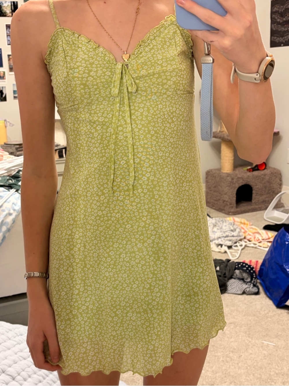 American Eagle Outfitters Light Green Floral Tie-Front Mini Dress
